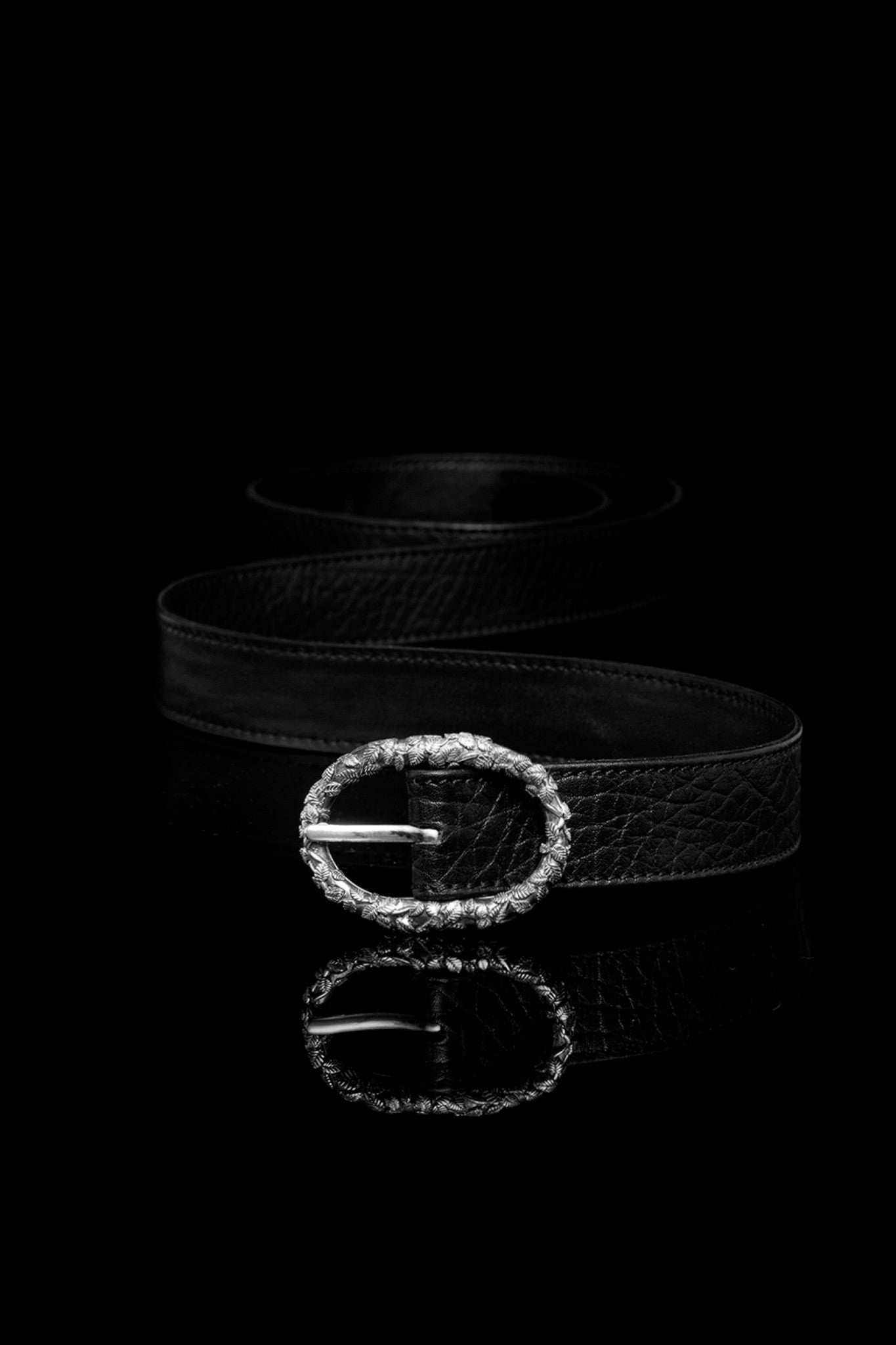 Ugo Cacciatori, Silver, Accessories, Sterling Silver + Leather, Belt, Black Wrinkled Leather