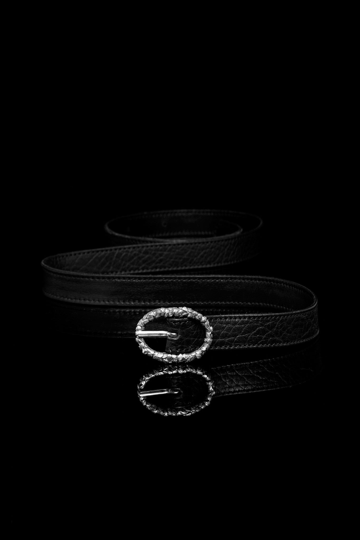 Ugo Cacciatori, Silver, Accessories, Sterling Silver + Leather, Belt, Black Wrinkled Leather